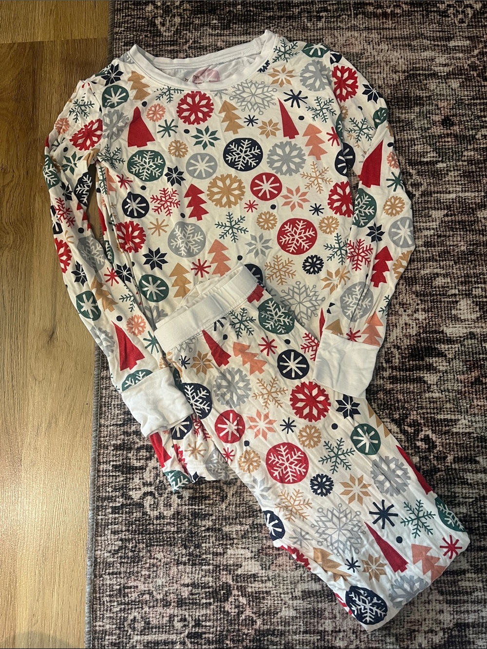 Little Sleepies White Holiday Snowflake Pajama Set with Red, Green, Gold Accents